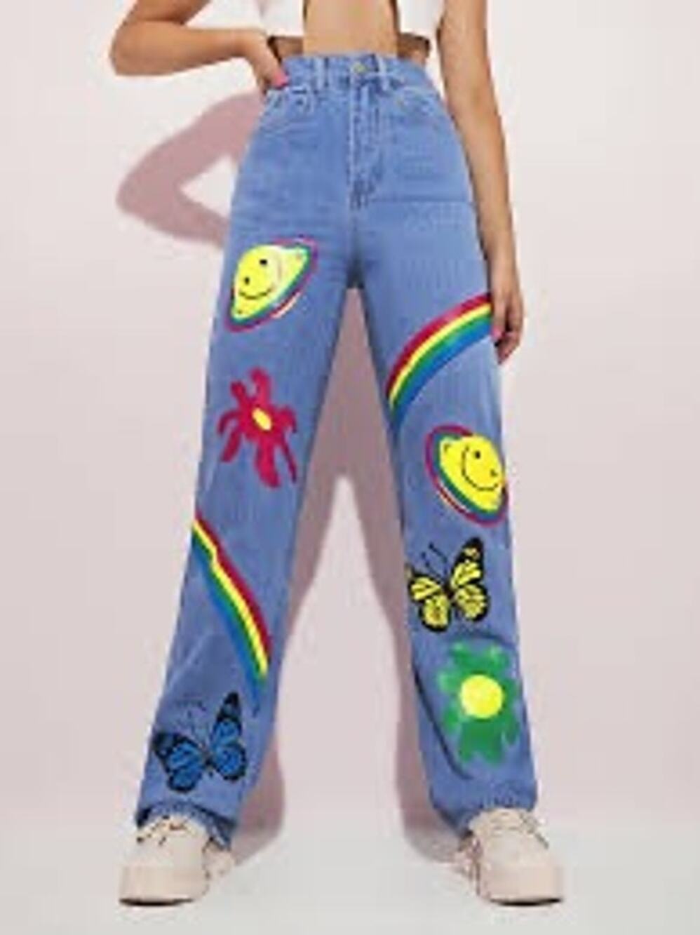 Shein Bright Graphic Designed Straight Leg Jeans Size Medium